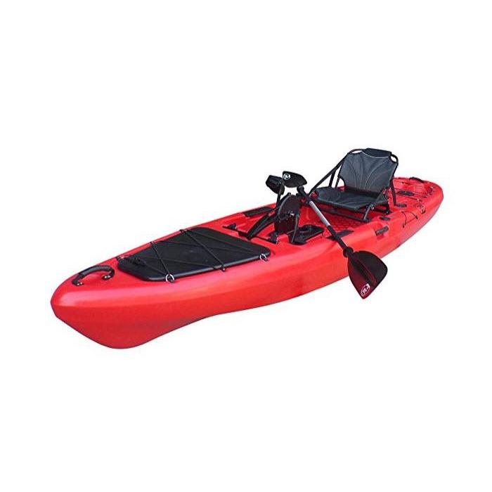 BKC - PK13 Angler 13-Foot Sit On Top Solo Fishing Kayak w/ Instant Reverse Pedal Drive, Hand Control Rudder, Paddle, and Upright Seat Red