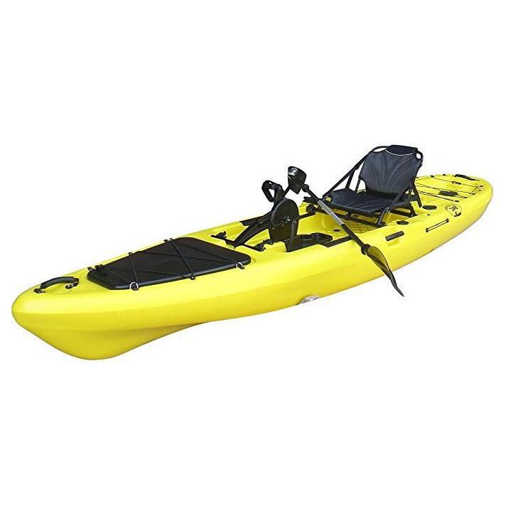 Bkc Pk13 13' Pedal Drive Fishing Kayak W/ Rudder System, Paddle, Upright Back Support Aluminum Frame Seat, 1 Person Foot Operated Kayak, Yellow